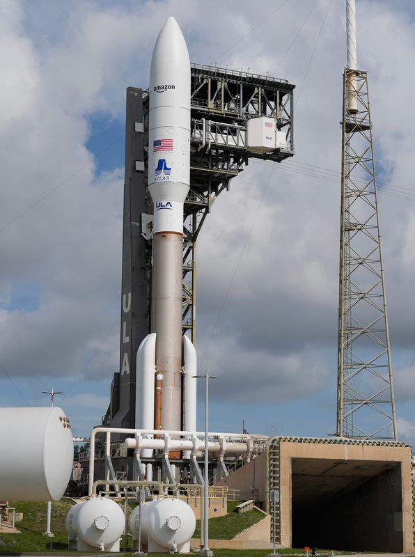 A United Launch Alliance Atlas V rocket with five solid rocket boosters awaits launch Sunday at Launch Complex 41 at Cape Canaveral Space Force Station.
