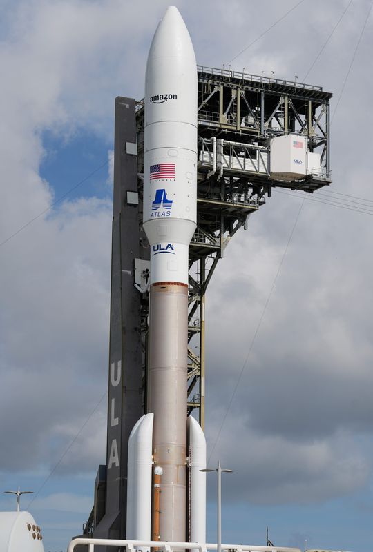 A United Launch Alliance Atlas V rocket is prepared for launch from Cape Canaveral Space Force Station June 15, 2025. The rocket is scheduled to launch June 16 with the second batch of Kuiper satellites for Amazon. Craig Bailey/FLORIDA TODAY via USA TODAY NETWORK