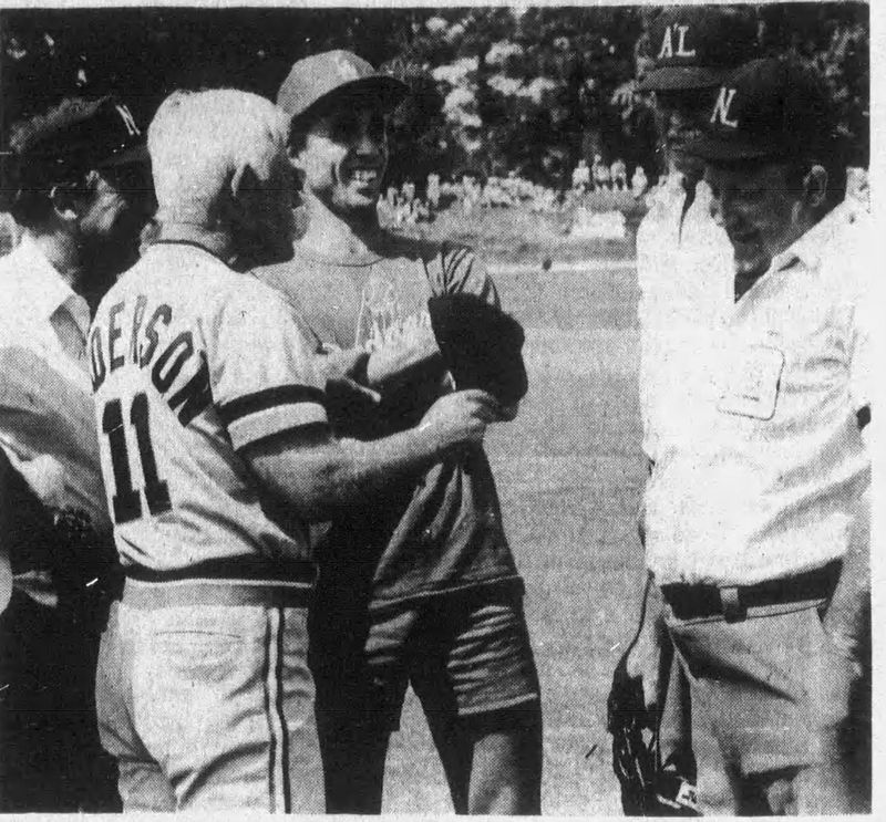 Ivan Lendl, the world's top-ranked tennis player, visited Holman Stadium at Dodgertown in Vero Beach March 17, 1987, while recuperating from surgery. He was joined by, from left, umpires Terry Tata, John Shulock and Bruce Froemming, and Sparky Anderson, Detroit Tigers manager.