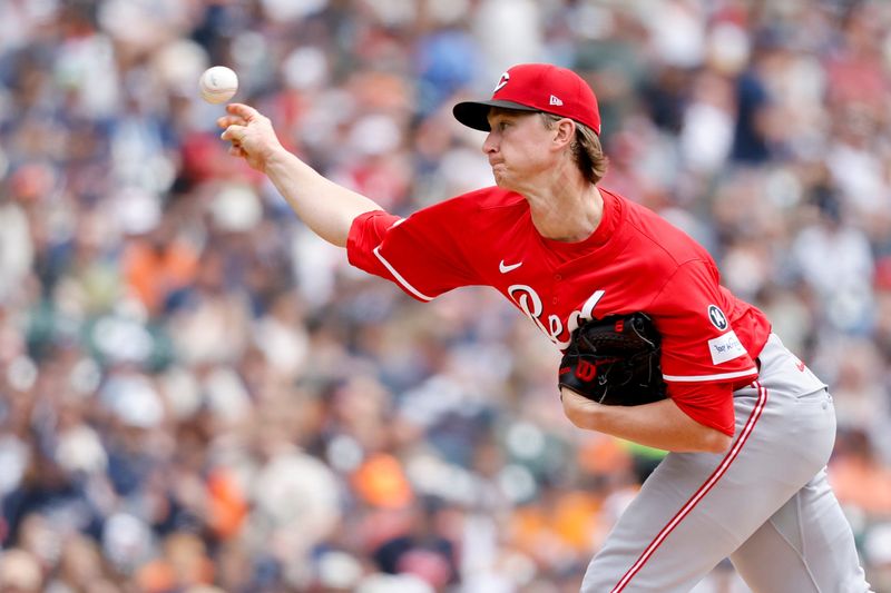 Jun 14, 2025; Detroit, Michigan, USA; Cincinnati Reds pitcher Brady Singer (51) pitches in the first inning against the Detroit Tigers at Comerica Park. Mandatory Credit: Rick Osentoski-Imagn Images