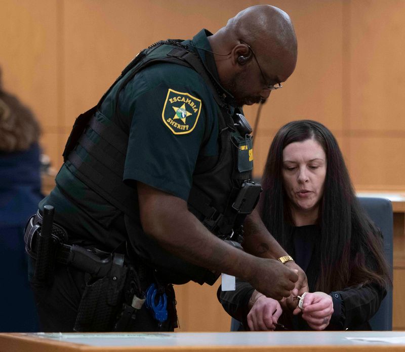 Pamela Schwarz appears in the courtroom of Circuit Judge John Miller for Jury selection on June 16, 2025. Schwarz is on trial for capital murder and is accused of giving her Escambia County jail cellmate a lethal dose of fentanyl and watching her die in 2022. Her first 2024 trial resulted in a mistrial after a witness provided inadmissible evidence in front of the jury.