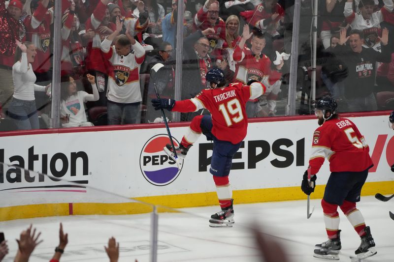 Jun 12, 2025; Sunrise, Florida, USA; Florida Panthers forward Matthew Tkachuk (19) celebrates scoring during the first period against the Edmonton Oilers in game four of the 2025 Stanley Cup Final at Amerant Bank Arena. Mandatory Credit: Jim Rassol-Imagn Images
