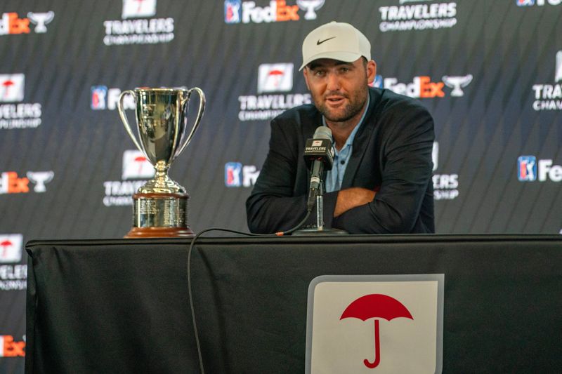 Scottie Scheffler speaks after winning the 2024 Travelers Championship golf tournament at TPC River Highlands in Cromwell, Connecticut.