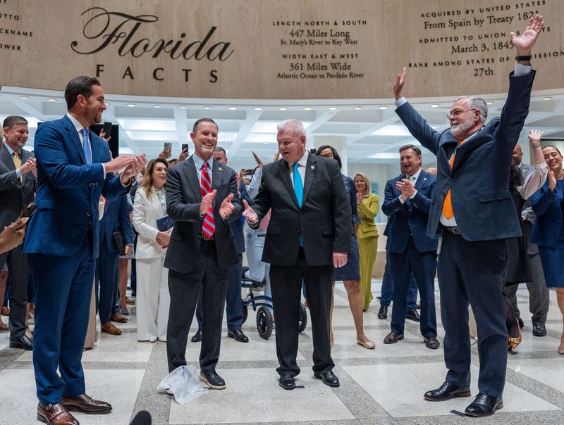 Lawmakers gather for the traditional sine die hanky drop to signify the end of the Florida legislative session Monday, June 16, 2025.