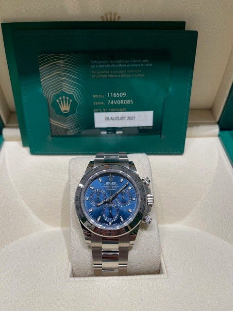 This Rolex Daytona watch with a blue face from LaMuse Jewelers on Worth Avenue was intended for delivery to JC Martin Jewelers for repairs, Palm Beach Police said. Instead, the man hired via Uber to courier the watch decided to steal it, police said.