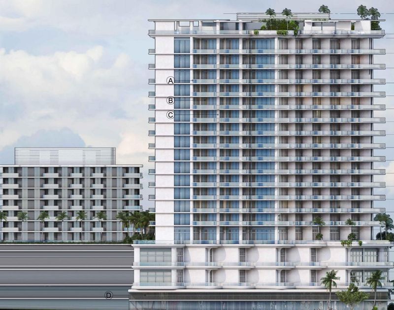 A rendering of The Adagio's two towers — the taller of which will span 18 stories and the smaller of which will reach 10 stories. The taller will include 103 market-rate residential units, while the smaller will include 69 attainable units priced at 120% of the area median income.