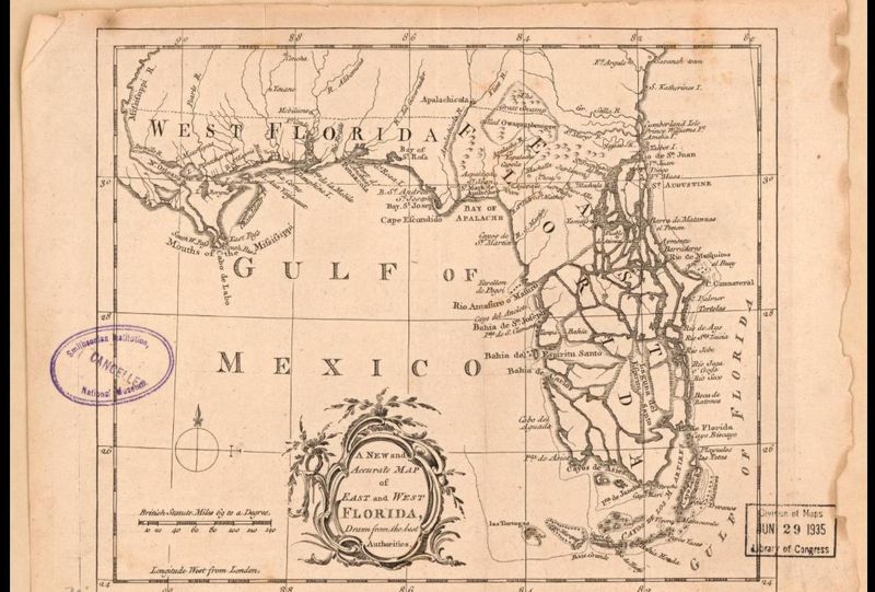 A 'new and accurate map of east and west of Florida' from the London magazine dated 1765 by the Library of Congress.