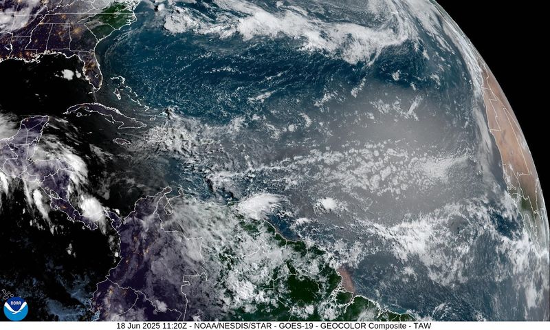 Satellite images show Saharan dust moving across the Atlantic 8 a.m. June 18, 2025.