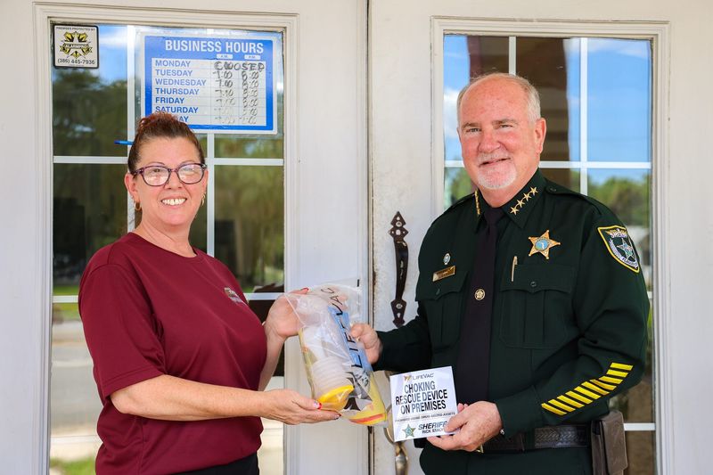 Flagler County Sheriff Rick Staly recently provided a LifeVac airway clearance device to Janine Thomas, owner of Southern Table Restaurant in Bunnell. The devices will be provided to all licensed businesses serving food in Flagler County.