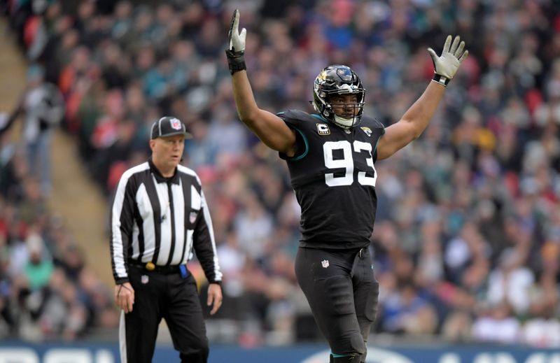 Oct 28, 2018; London, United Kingdom; Jacksonville Jaguars defensive end Calais Campbell (93) reacts in the first quarter against the Philadelphia Eagles during an NFL International Series game at Wembley Stadium. Mandatory Credit: Kirby Lee-USA TODAY Sports