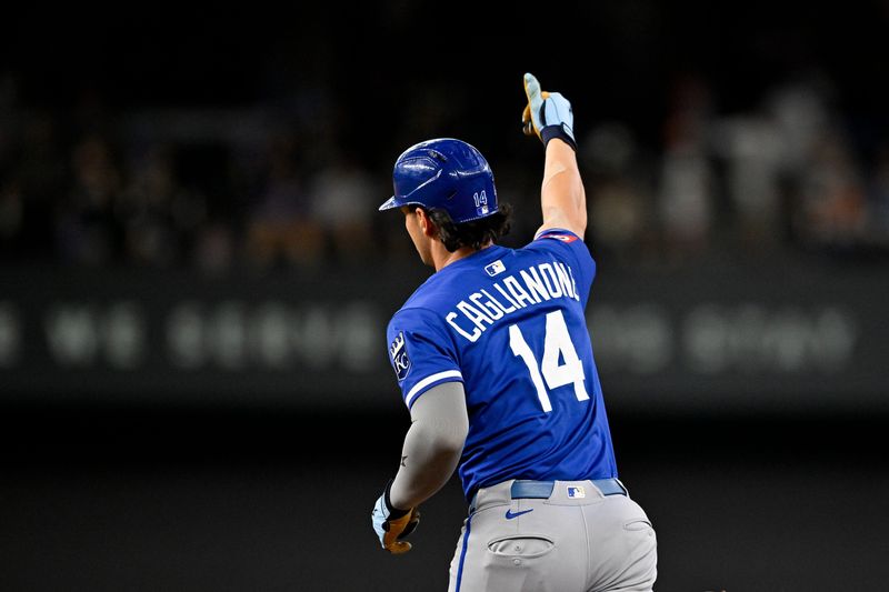 Jun 19, 2025; Arlington, Texas, USA; Kansas City Royals right fielder Jac Caglianone (14) rounds the bases after hitting a home run against the Texas Rangers during the ninth inning at Globe Life Field. Mandatory Credit: Jerome Miron-Imagn Images