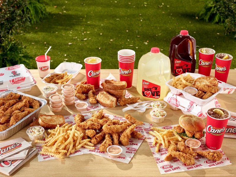 Raising Cane's also "tailgate" meals of 25-100 chicken fingers.