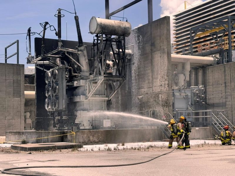 Martin County Fire Rescue crews battle a fire at a Florida Power and Light plant in Indiantown on June 20, 2025. The fire was put out in about an hour, according to officials.
