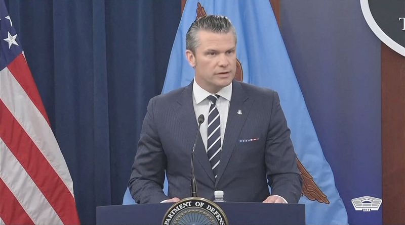 U.S. Secretary of Defense Pete Hegseth holds a briefing at the Pentagon, after the U.S. struck Iranian nuclear facilities, during the Israel-Iran conflict, in Arlington, Virginia, on June 22, 2025 in this still image taken from handout video.