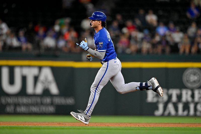 Jun 19, 2025; Arlington, Texas, USA; Kansas City Royals right fielder Jac Caglianone (14) rounds the bases after hitting a home run against the Texas Rangers during the ninth inning at Globe Life Field. Mandatory Credit: Jerome Miron-Imagn Images