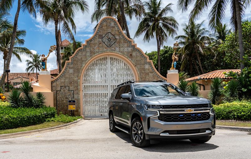 An unmarked security vehicle is parked at the eastern entrance to Mar-a-Lago Monday afternoon June 23, 2025.