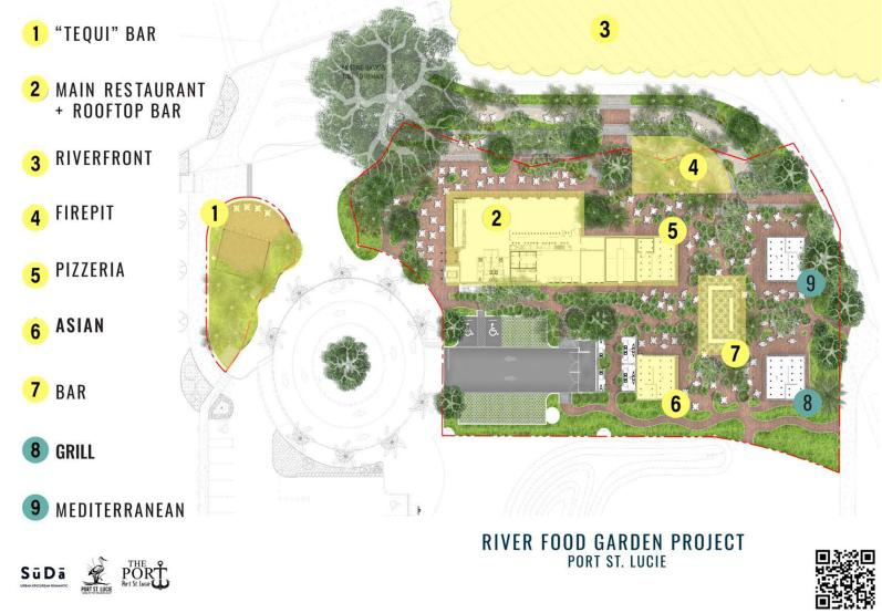 A map shows SuDa's plans for the River Food Garden at the Port District in Port St. Lucie, with phase one projects shown in yellow and phase two projects shown in blue.