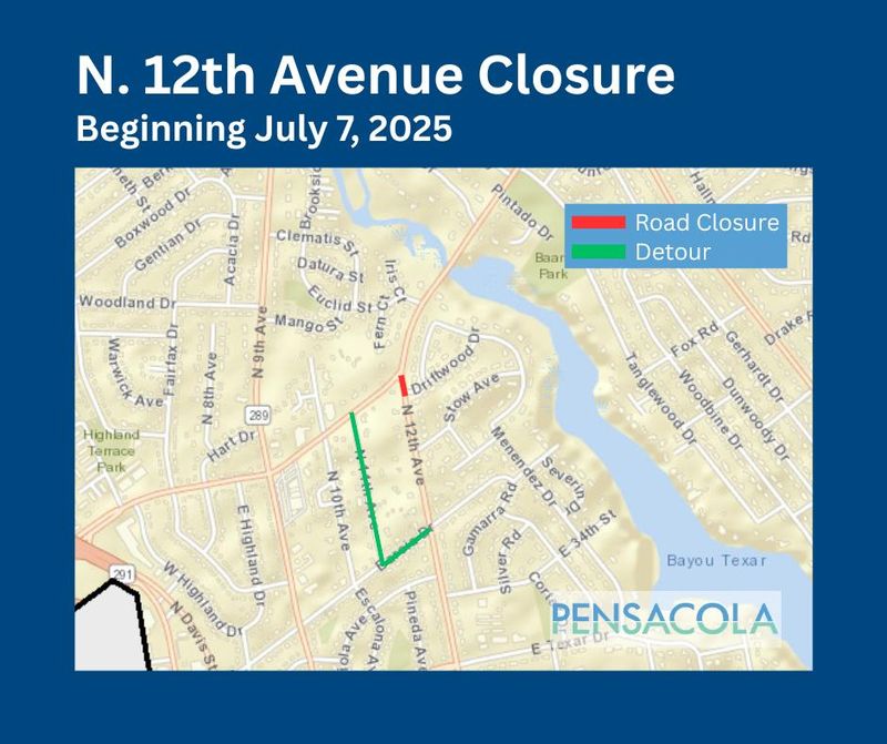 A map of the road closure for the 12th Avenue at Fairfield Drive Drainage Improvement Project.