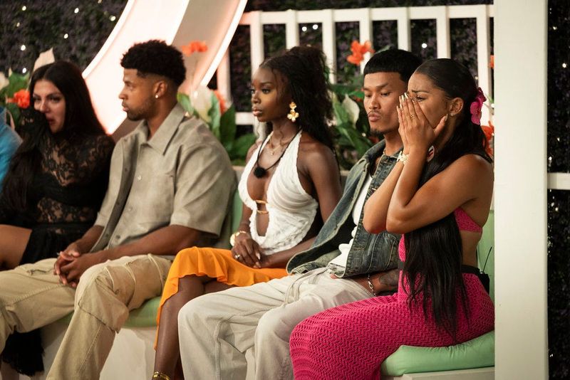 LOVE ISLAND USA -- Episode 720 -- Pictured: (l-r) Huda Mustafa, JD Dodard, Olandria Carthen, Zak Srakaew, Amaya Espinal -- (Photo by: Ben Symons/Peacock)