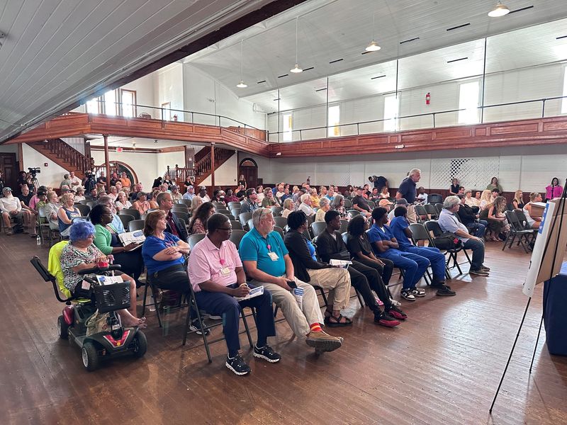 A large crowd of people attended a town hall June 25 at Apalachicola armory hosted by state Sen. Corey Simon, R-Tallahassee, and state Rep. Jason Shoaf, R-Port St. Joe, to discuss the city's ongoing water crisis.