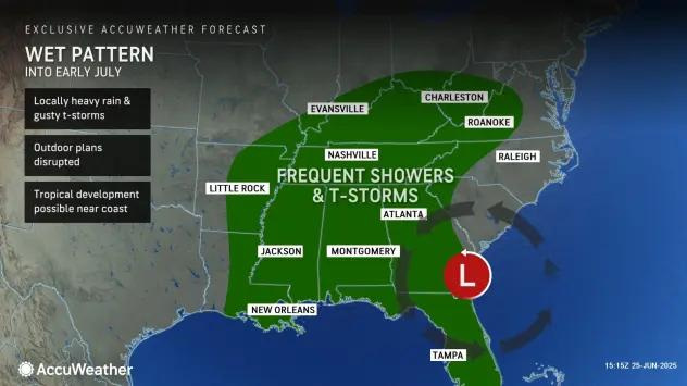 Wet weather pattern will bring almost daily showers and thunderstorms to much of the Southeast into early July.