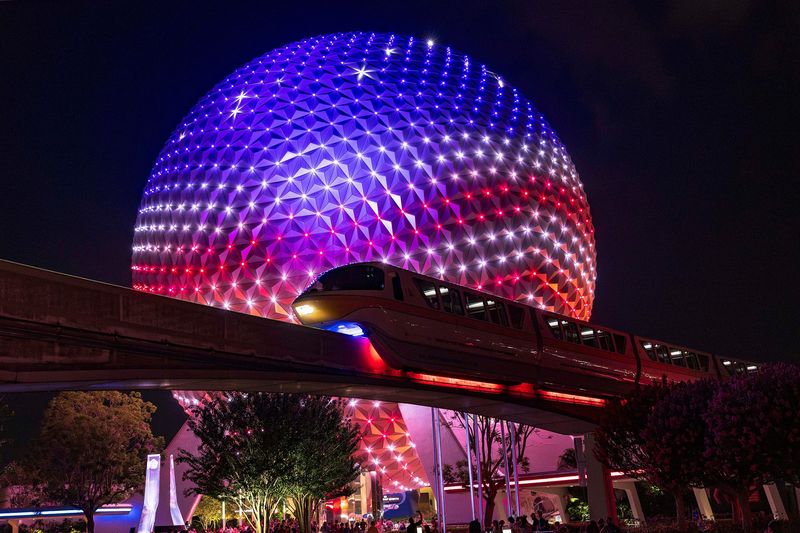 In celebration of July 4th, the iconic Spaceship Earth at EPCOT at Walt Disney World Resort in Lake Buena Vista, Fla will be illuminated in bright red, white and blue colors at night. (Mariah Wild, Photogrpher)