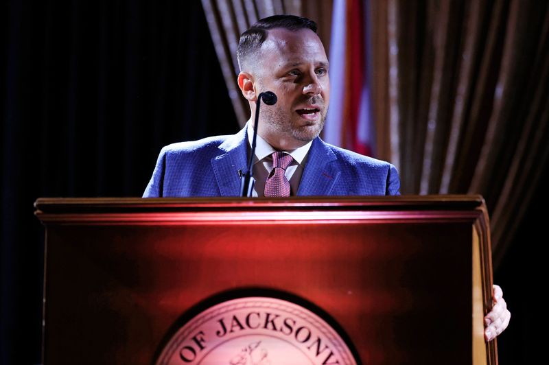 Newly-sworn in City Council President Kevin Carrico speaks at Deerwood Castle during an investiture ceremony for new City Council leadership Thursday, June 26, 2025 in Jacksonville, Fla. City Council members Kevin Carrico was sworn in as Council President and Nick Howland as Vice President.