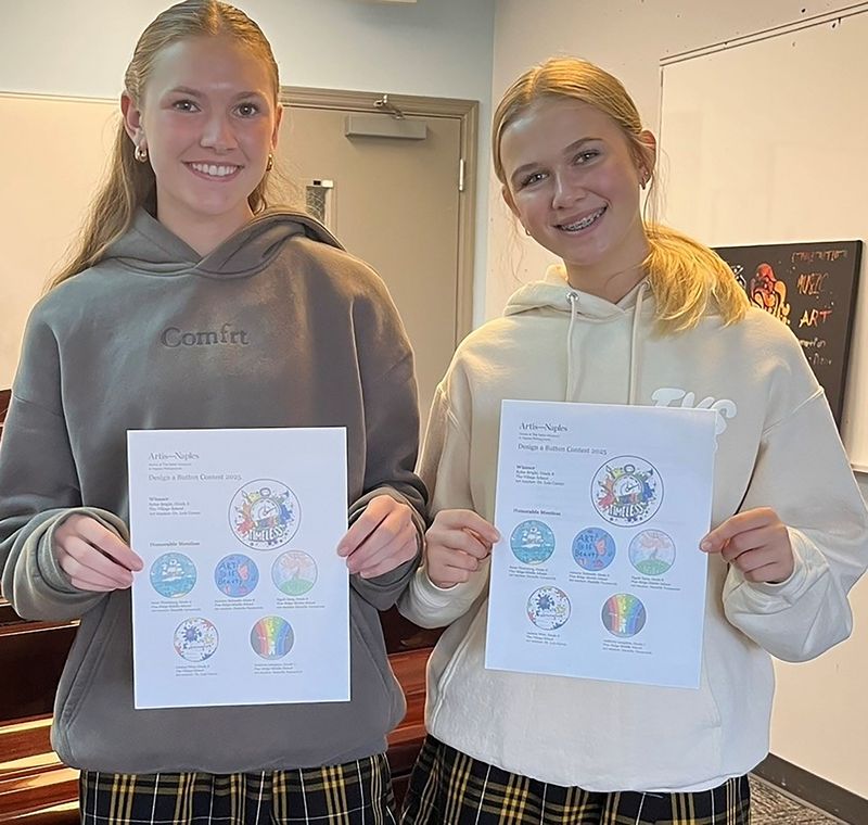 Rylee Bright, left, and Aelina West, eighth grade students at The Village School of Naples. Bright’s artwork has been chosen as next season’s Artis-Naples’ button. West’s design earned an honorable mention.