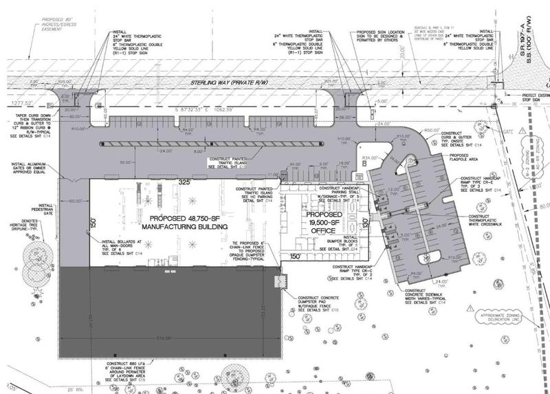 The approved set of site plans for a project by Comfort Systems USA Southeast to build a manufacturing building and corporate office in Pace.