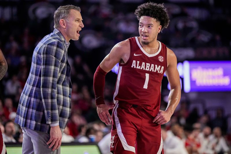 Jan 31, 2024; Athens, Georgia, USA; Alabama Crimson Tide head coach Nate Oats talks with guard Mark Sears (1) during the game against the Georgia Bulldogs during the second half at Stegeman Coliseum. Mandatory Credit: Dale Zanine-USA TODAY Sports