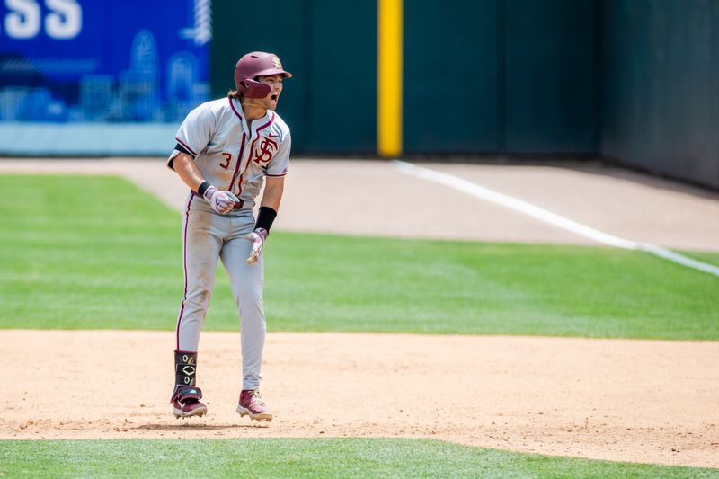 May 24, 2024; Charlotte, NC, USA; Florida State Seminoles infielder Drew Faurot (3) celebrates after a RBI single in the seventh inning against the Virginia Cavaliers during the ACC Baseball Tournament at Truist Field. Mandatory Credit: Scott Kinser-USA TODAY Sports
