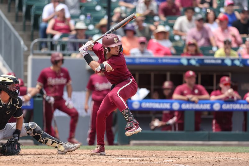 May 25, 2024; Charlotte, NC, USA; Florida State infielder Drew Faurot (3) winds up to swing at bat in the second inning against Wake Forest during the ACC Baseball Tournament at Truist Field. Mandatory Credit: Cory Knowlton-USA TODAY Sports