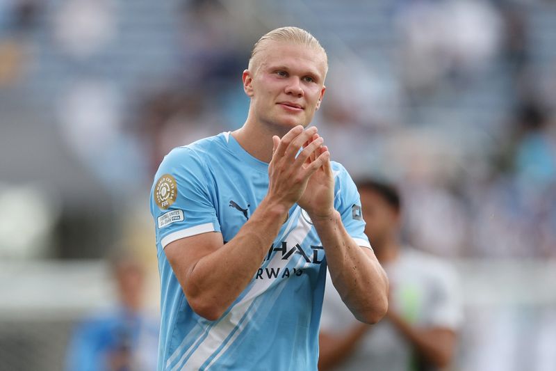 Jun 26, 2025; Orlando, Florida, USA; Manchester City forward Erling Haaland (9) applauds fans after a group stage match of the 2025 FIFA Club World Cup at Camping World Stadium. Mandatory Credit: Nathan Ray Seebeck-Imagn Images