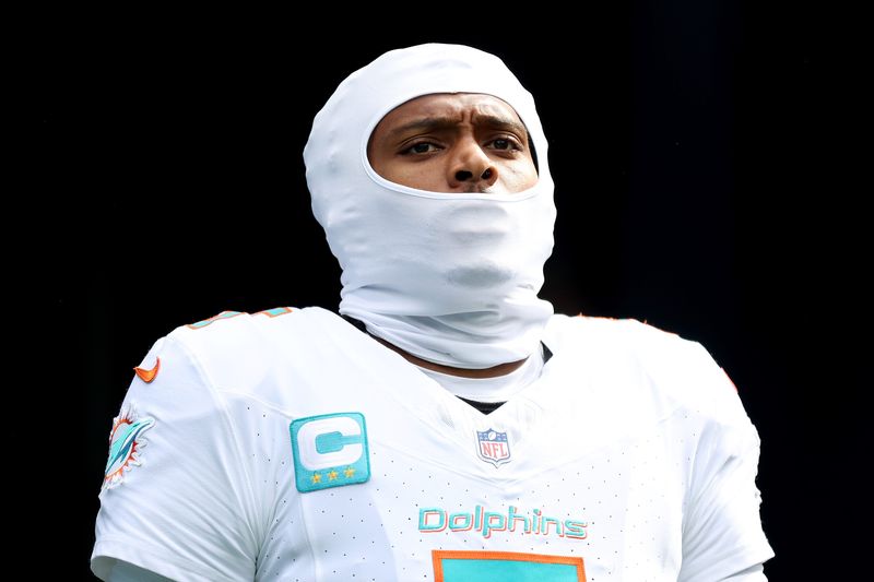 SEATTLE, WASHINGTON - SEPTEMBER 22: Jalen Ramsey #5 of the Miami Dolphins looks on before the game against the Seattle Seahawks at Lumen Field on September 22, 2024 in Seattle, Washington. (Photo by Steph Chambers/Getty Images)