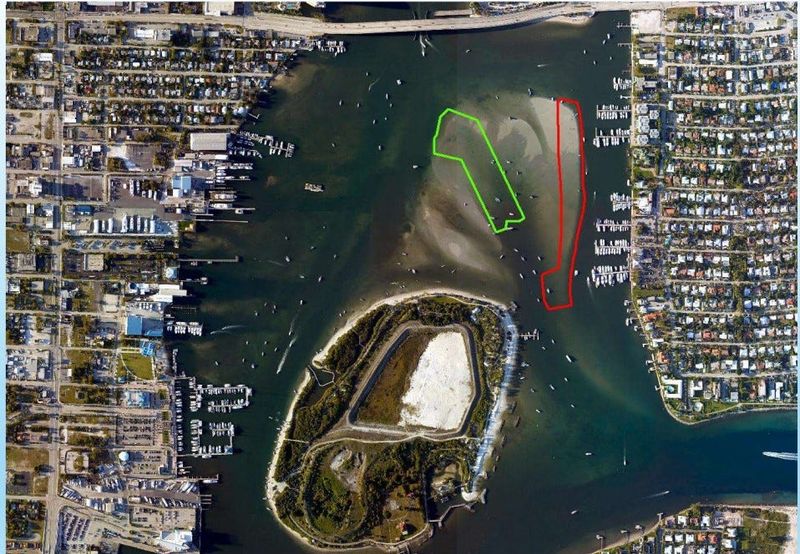 A dredging project seen here outlined in red is expected to begin in July 2025. The area to be dredged is north of the Lake Worth Inlet and west of the Town of Palm Beach Shores. The area in green is no longer being considered for dredging and will be left as is.