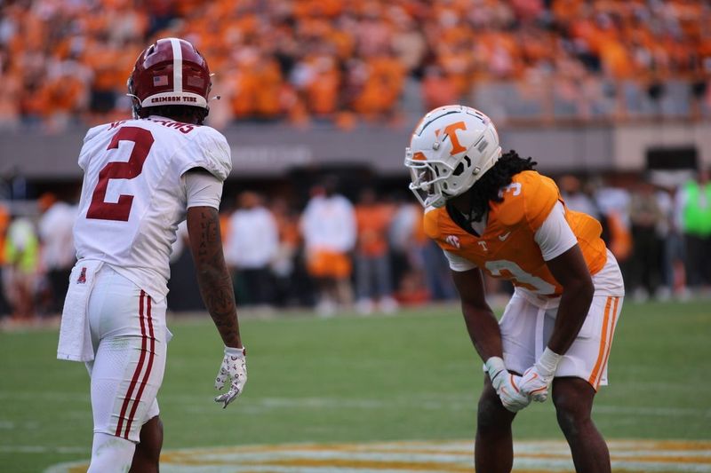 Tennessee defensive back Jermod McCoy versus Ryan Williams and Alabama on Oct. 19, 2024 at Neyland Stadium.