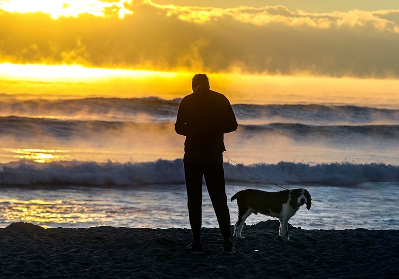A man and his dog take a walk on the beach at sunrise near the Root Trail beach entrance Monday, January 24, 2022.