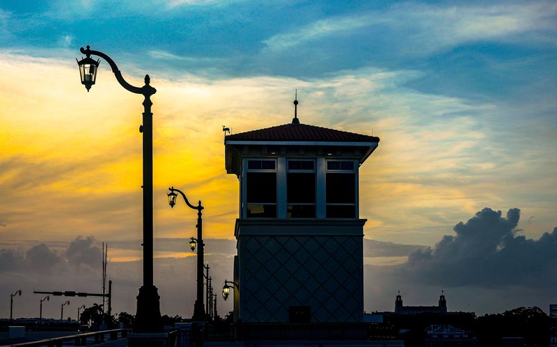 The bridge house on the south side of the Flagler Memorial Bridge just before sunrise, July 23, 2021.