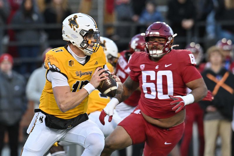 Nov 30, 2024; Pullman, Washington, USA; Wyoming Cowboys quarterback Evan Svoboda (17) scrambles against Washington State Cougars defensive tackle David Gusta (60) in the first half at Gesa Field at Martin Stadium. Mandatory Credit: James Snook-Imagn Images