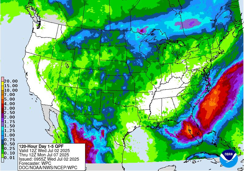 Rain forecast for July 2-7, 2025.