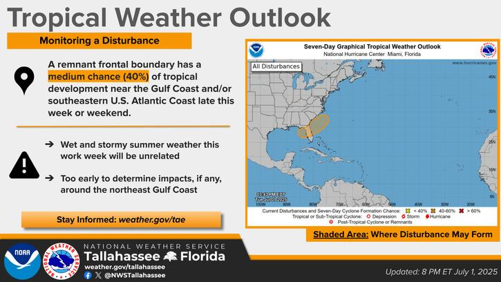 A tropical weather outlook issued by the National Weather Service and National Hurricane Center on July 1, 2025.