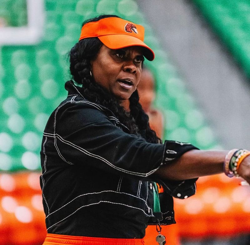 Florida A&M head women's basketball coach Bridgette Gordon coaches up her team at an on-campus practice at the Al Lawson Jr. Multipurpose Center in Tallahassee, Florida.