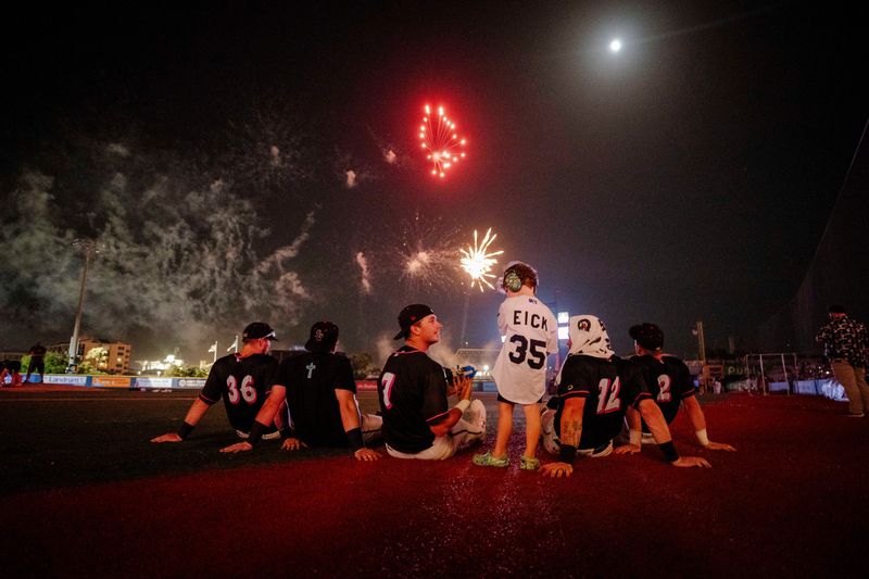 Fireworks light up the field after a recent Blue Wahoos game.