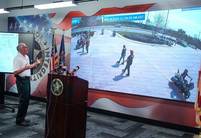 Volusia County Sheriff Michael Chitwood along with representatives of other agencies hold a press conference at the Stephen Saboda Training Center near Daytona Beachto to announce the arrest of 28 members of the Mongols motorcycle gang, Wednesday, July 2, 2025.