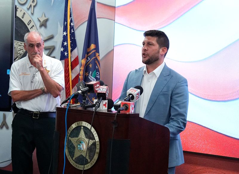 Florida Attorney General James Uthmeier speaks about the arrest of 28 members of the Mongols motorcycle gang during a press conference at the Stephen Saboda Training Center near Daytona Beach, Wednesday, July 2, 2025.