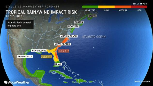 Tropical rain and wind impact risks between July 4 and July 7, 2025.