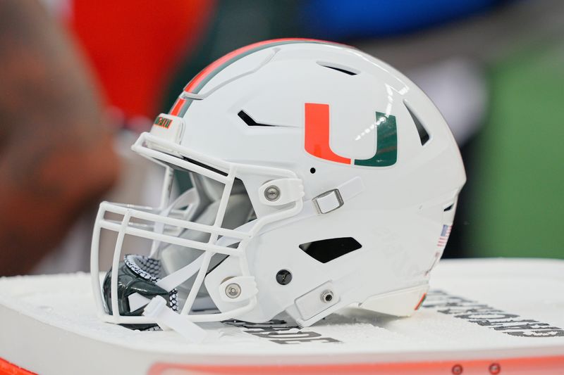Sep 23, 2023; Philadelphia, Pennsylvania, USA; Miami Hurricanes helmet sits on a cooler in the second half against the Temple Owls at Lincoln Financial Field. Mandatory Credit: Andy Lewis-USA TODAY Sports