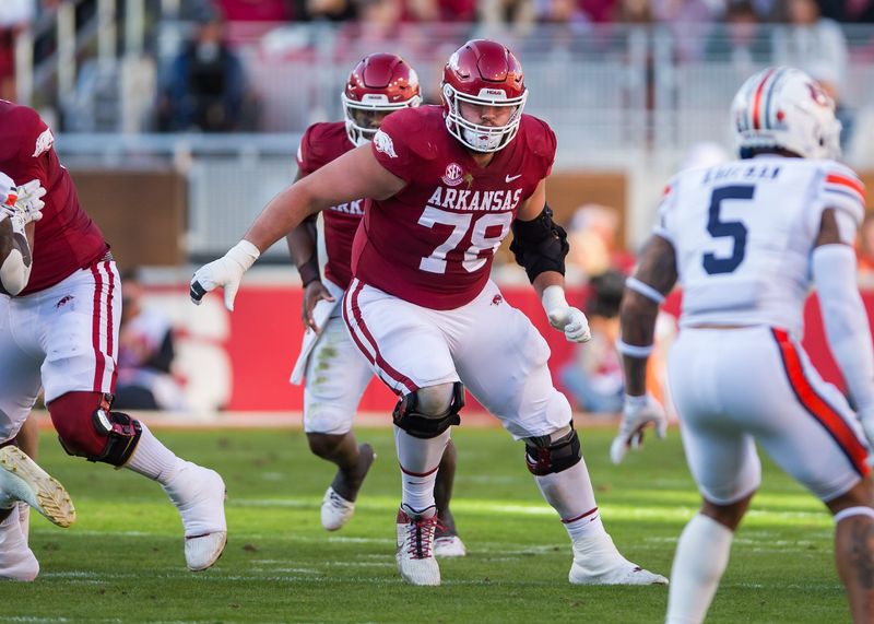 Nov 11, 2023; Fayetteville, Arkansas, USA; Arkansas Razorbacks offensive lineman Joshua Braun (78) blocks during the second quarter against the Auburn Tigers at Donald W. Reynolds Razorback Stadium. Auburn won 48-10. Mandatory Credit: Brett Rojo-USA TODAY Sports