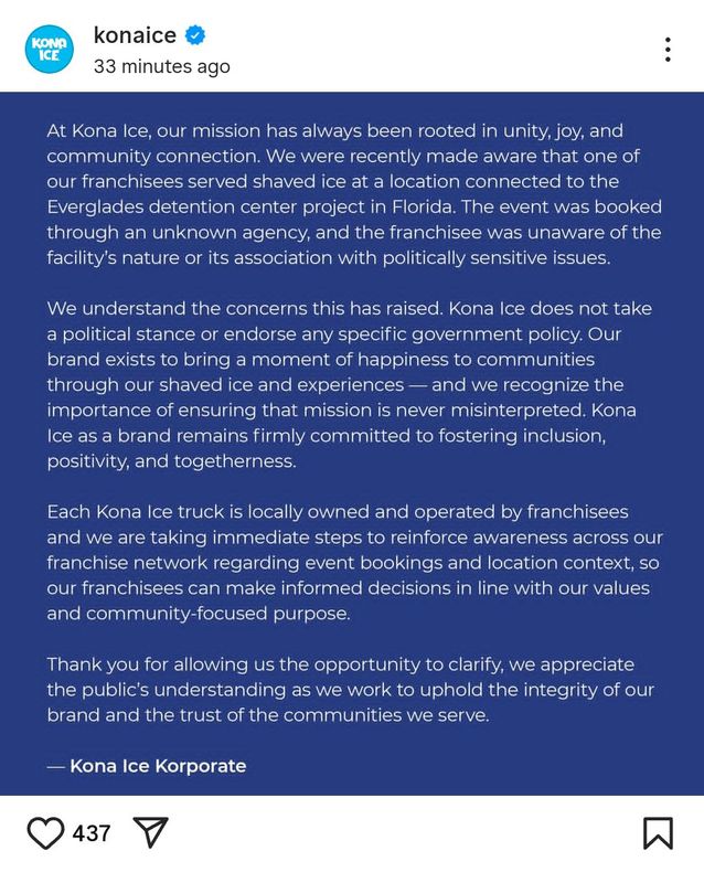 Kona Ice put out a statement after participating in a catering event at Alligator Alcatraz.