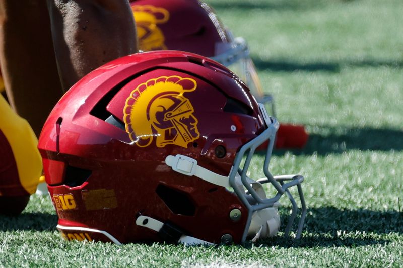 Sep 21, 2024; Ann Arbor, Michigan, USA; USC Trojans helmet on the sideline during the game against the Michigan Wolverines at Michigan Stadium. Mandatory Credit: Rick Osentoski-Imagn Images